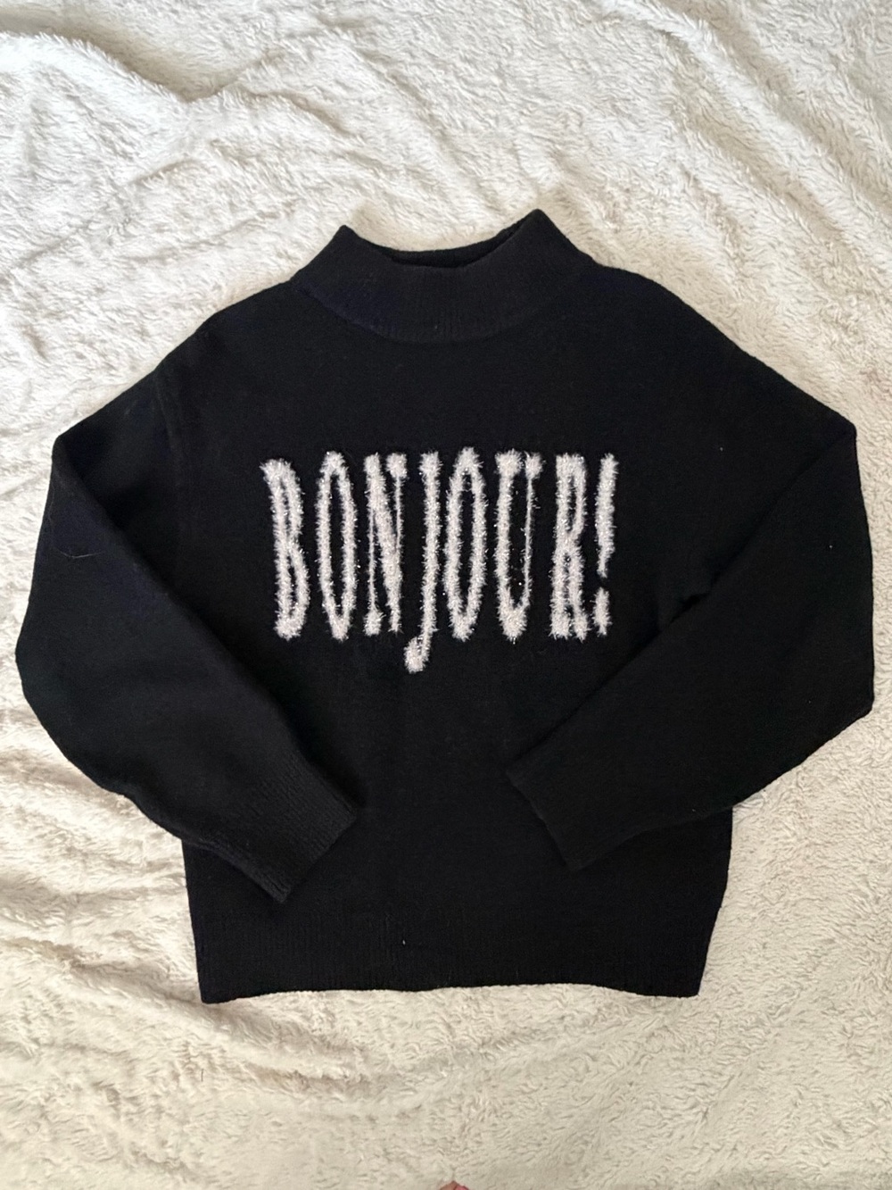A NEW Black and White 'BONJOUR!' Fuzzy Sweater